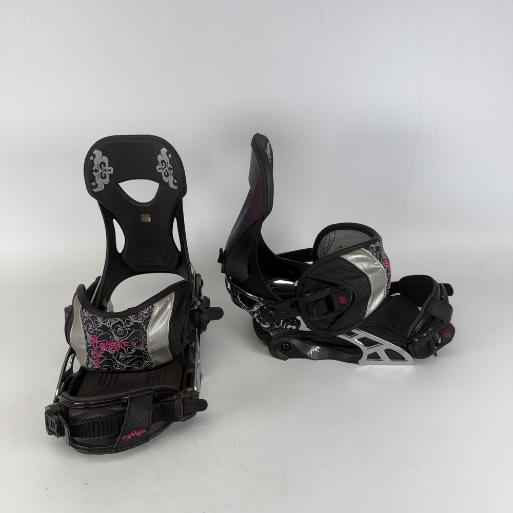 Lamar 350 Series Snowboard Bindings Womens Black Pink Silver Scrollwork Strap-In